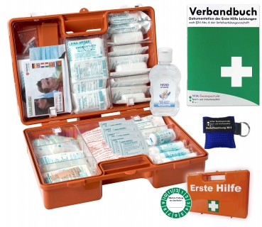 Erste-Hilfe-Koffer MAXI "PRO M2" für Betriebe ab 50 Mitarbeiter nach aktueller DIN/EN 13169 inkl. Notfallbeatmungshilfe & Hygiene-Gel